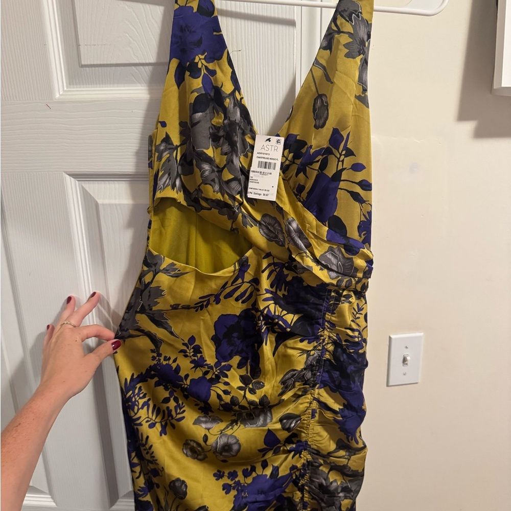 ASTR Dress with Cut Out- chartreuse and Indigo Floral